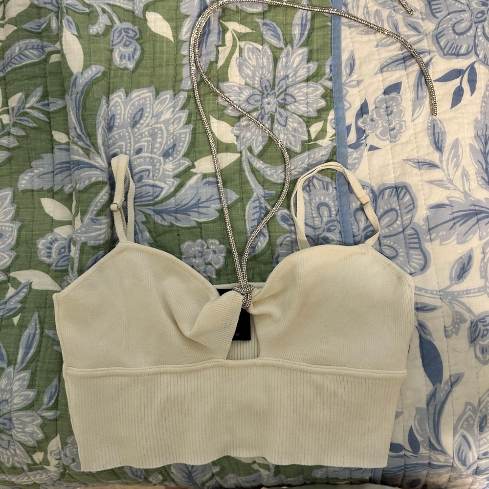 Bershka Cream Ribbed Top with Silver Accents